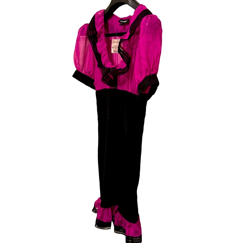 Bebe NWT Size M Pretty Pink Purple Black Silk High Waisted Ruffled Dress. (0573) - Picture 2 of 16